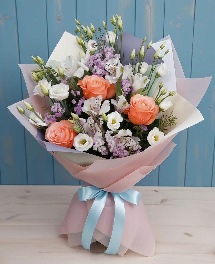 Букет цветов из: Лизиантусы, Розы, Альстромерии и Гипсофила в Мацеста